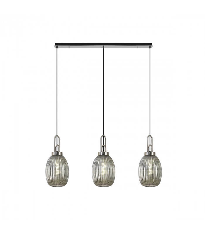 Yorktown Linear 3 Light Ceiling Pendant E27 With 20cm Almond Ribbed Glass Smoked Polished Nickel Matt Black-1