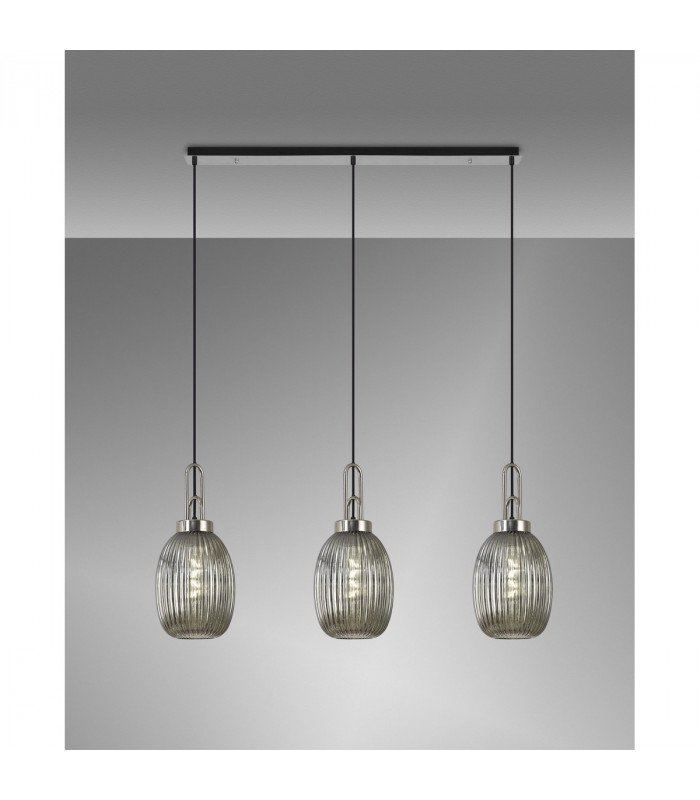 Yorktown Linear 3 Light Ceiling Pendant E27 With 20cm Almond Ribbed Glass Smoked Polished Nickel Matt Black-3