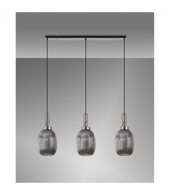 Yorktown Linear 3 Light Ceiling Pendant E27 With 20cm Almond Ribbed Glass Smoked Polished Nickel Matt Black-10