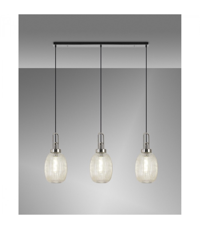 Yorktown Linear 3 Light Ceiling Pendant E27 With 20cm Almond Ribbed Glass Champagne Polished Nickel Matt Black-3
