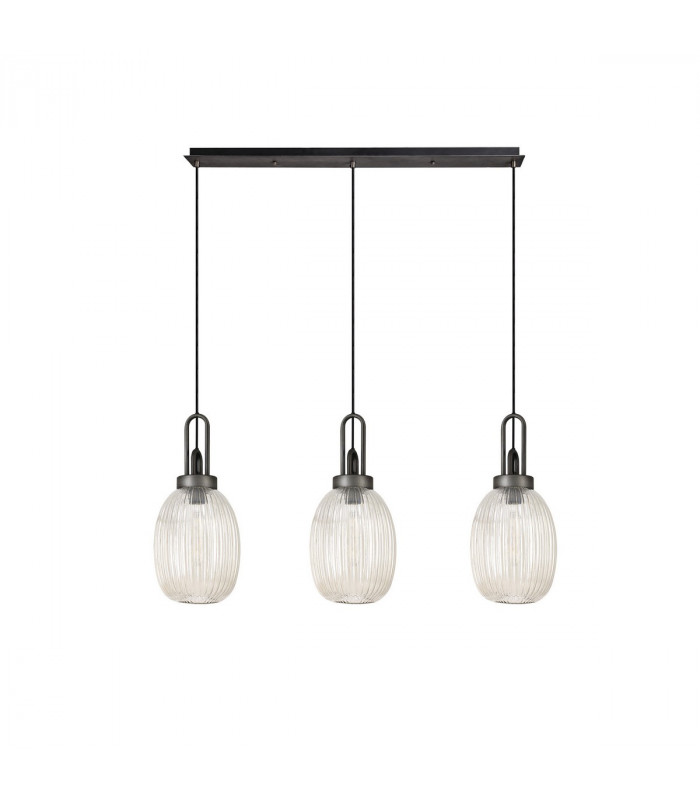 Yorktown Linear 3 Light Ceiling Pendant E27 With 20cm Almond Ribbed Glass Champagne Polished Nickel Matt Black-8