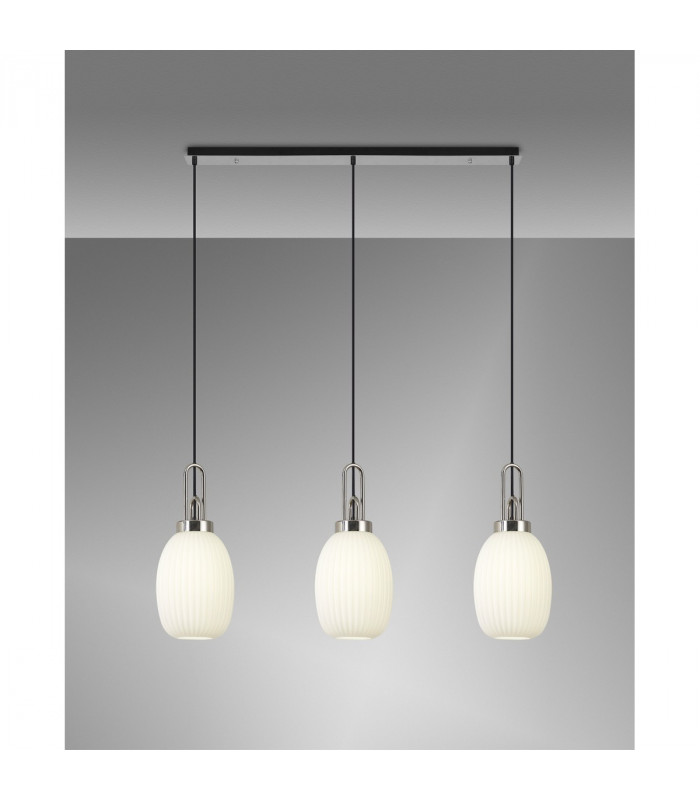Yorktown Linear 3 Light Ceiling Pendant E27 With 20cm Almond Ribbed Glass Opal Polished Nickel Matt Black-3