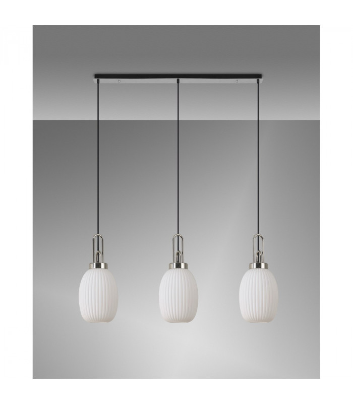 Yorktown Linear 3 Light Ceiling Pendant E27 With 20cm Almond Ribbed Glass Opal Polished Nickel Matt Black-10