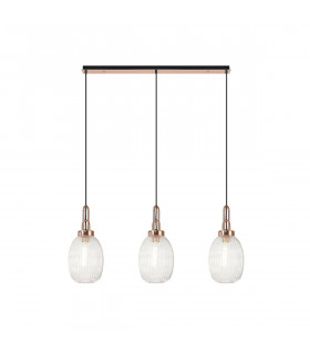 Yorktown Linear 3 Light Ceiling Pendant E27 With 20cm Almond Ribbed Glass Clear Copper Matt Black-1