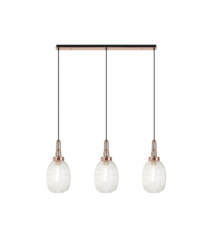 Yorktown Linear 3 Light Ceiling Pendant E27 With 20cm Almond Ribbed Glass Clear Copper Matt Black-1