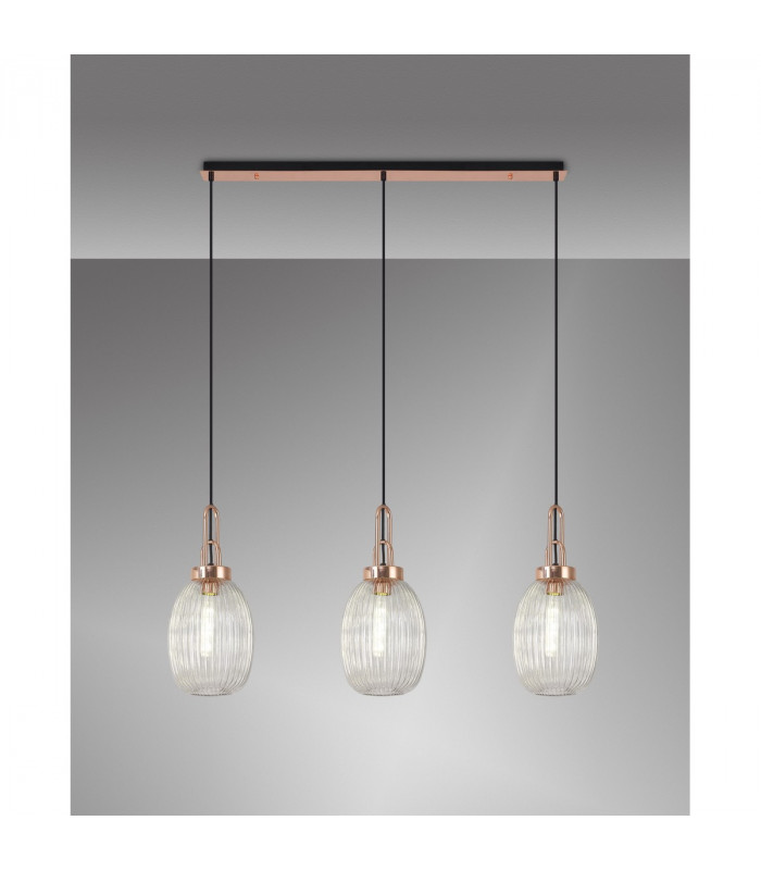 Yorktown Linear 3 Light Ceiling Pendant E27 With 20cm Almond Ribbed Glass Clear Copper Matt Black-3