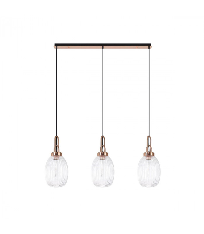 Yorktown Linear 3 Light Ceiling Pendant E27 With 20cm Almond Ribbed Glass Clear Copper Matt Black-4