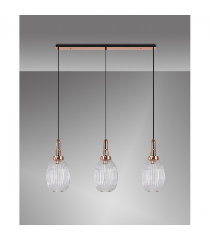 Yorktown Linear 3 Light Ceiling Pendant E27 With 20cm Almond Ribbed Glass Clear Copper Matt Black-10