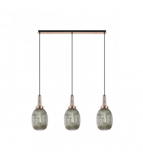 Yorktown Linear 3 Light Ceiling Pendant E27 With 20cm Almond Ribbed Glass Smoked Copper Matt Black-1