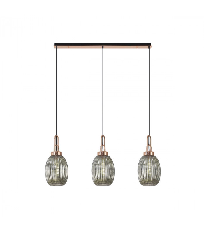 Yorktown Linear 3 Light Ceiling Pendant E27 With 20cm Almond Ribbed Glass Smoked Copper Matt Black-1
