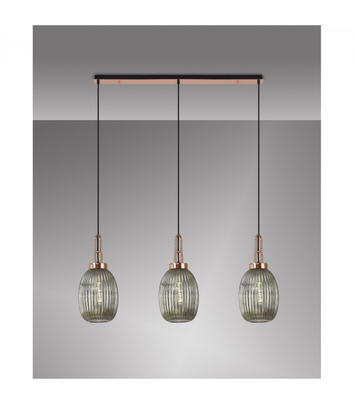 Yorktown Linear 3 Light Ceiling Pendant E27 With 20cm Almond Ribbed Glass Smoked Copper Matt Black-3