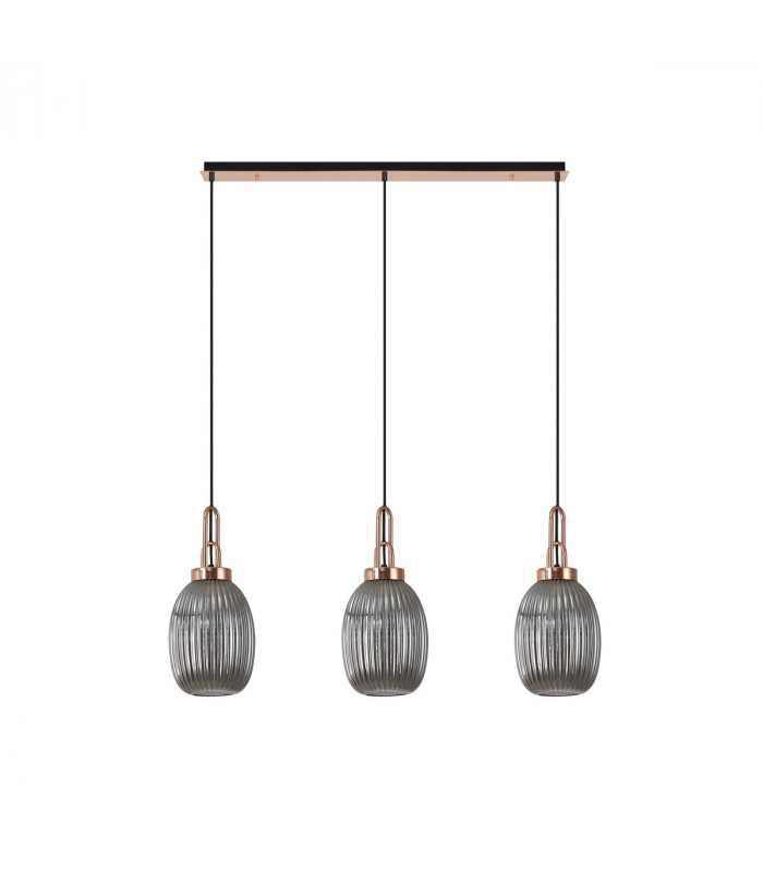 Yorktown Linear 3 Light Ceiling Pendant E27 With 20cm Almond Ribbed Glass Smoked Copper Matt Black-4
