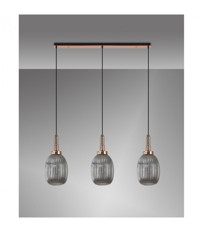 Yorktown Linear 3 Light Ceiling Pendant E27 With 20cm Almond Ribbed Glass Smoked Copper Matt Black-10