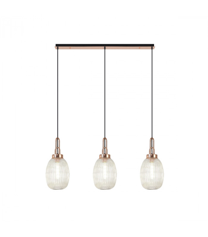 Yorktown Linear 3 Light Ceiling Pendant E27 With 20cm Almond Ribbed Glass Champagne Copper Matt Black-1
