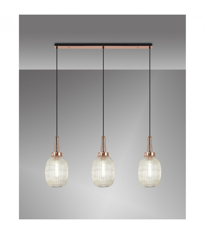Yorktown Linear 3 Light Ceiling Pendant E27 With 20cm Almond Ribbed Glass Champagne Copper Matt Black-3