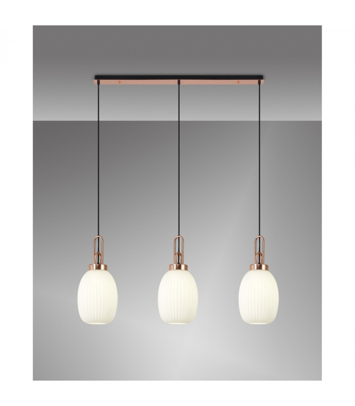 Yorktown Linear 3 Light Ceiling Pendant E27 With 20cm Almond Ribbed Glass Opal Copper Matt Black-3