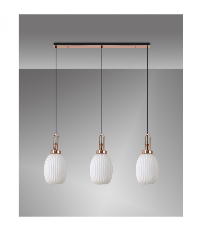 Yorktown Linear 3 Light Ceiling Pendant E27 With 20cm Almond Ribbed Glass Opal Copper Matt Black-10