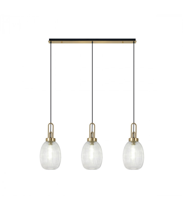 Yorktown Linear 3 Light Ceiling Pendant E27 With 20cm Almond Ribbed Glass Clear Brass Gold Matt Black-1