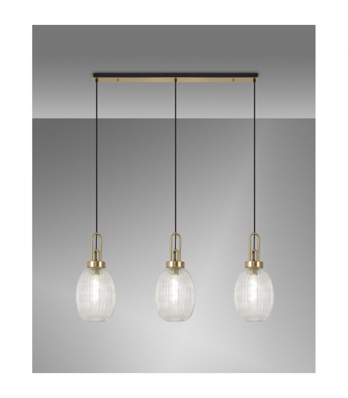 Yorktown Linear 3 Light Ceiling Pendant E27 With 20cm Almond Ribbed Glass Clear Brass Gold Matt Black-3