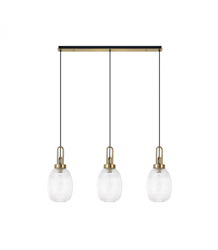 Yorktown Linear 3 Light Ceiling Pendant E27 With 20cm Almond Ribbed Glass Clear Brass Gold Matt Black-4