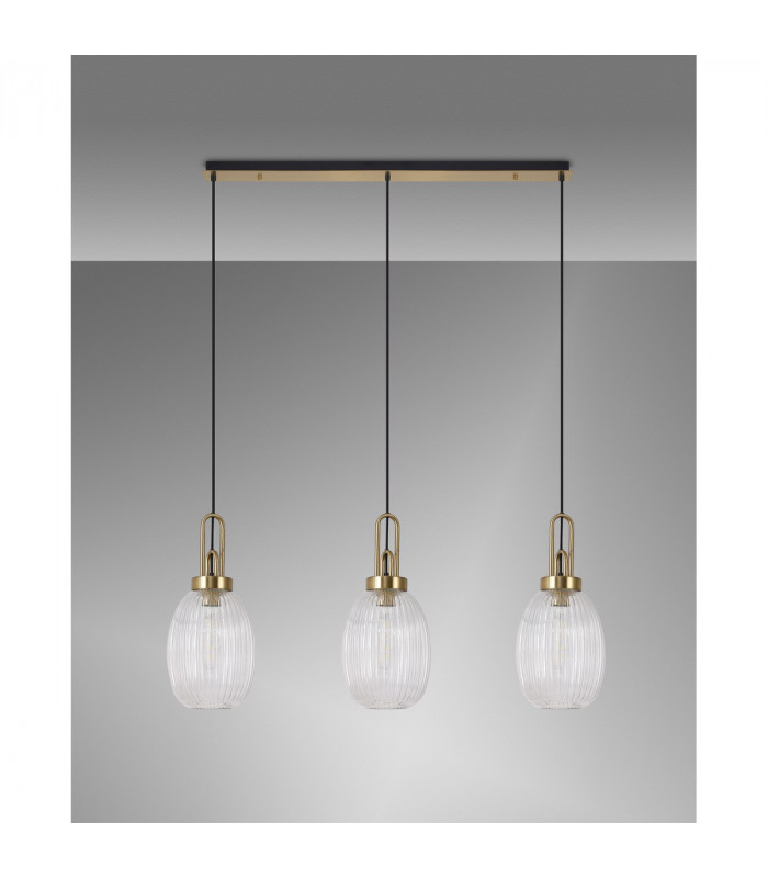 Yorktown Linear 3 Light Ceiling Pendant E27 With 20cm Almond Ribbed Glass Clear Brass Gold Matt Black-10