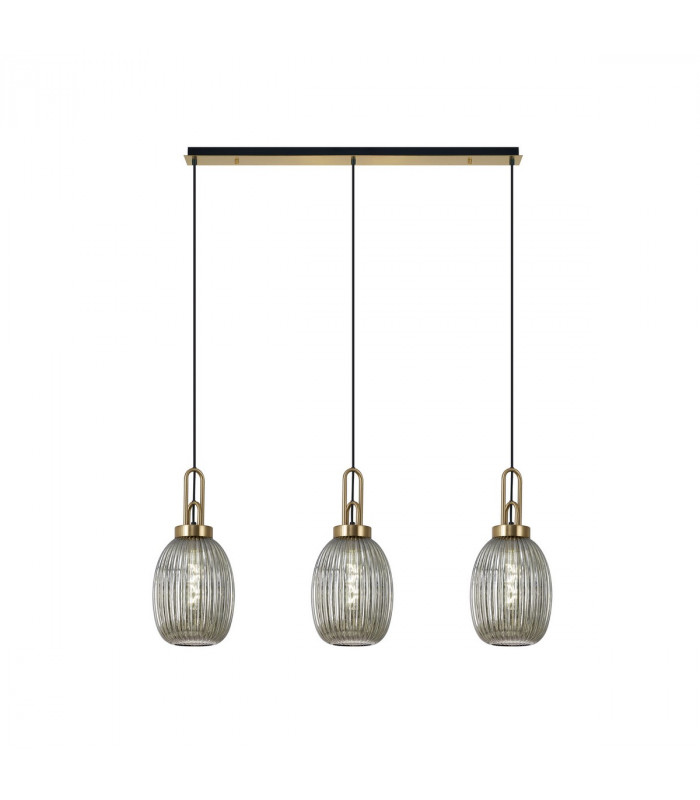 Yorktown Linear 3 Light Ceiling Pendant E27 With 20cm Almond Ribbed Glass Smoked Brass Gold Matt Black-1