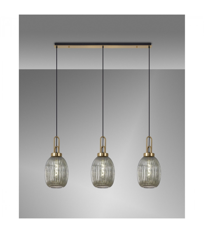 Yorktown Linear 3 Light Ceiling Pendant E27 With 20cm Almond Ribbed Glass Smoked Brass Gold Matt Black-3