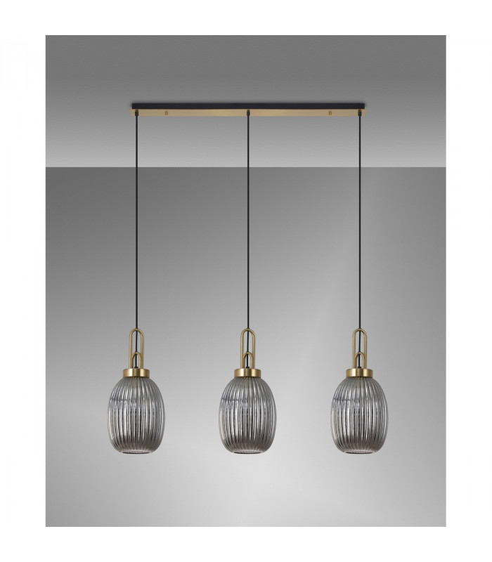 Yorktown Linear 3 Light Ceiling Pendant E27 With 20cm Almond Ribbed Glass Smoked Brass Gold Matt Black-10