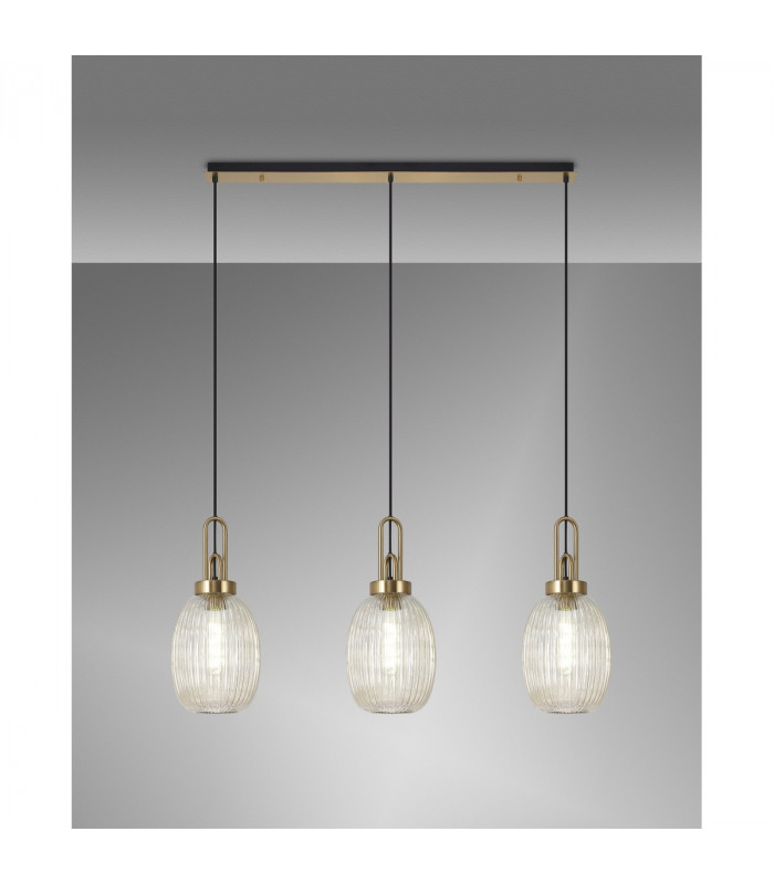 Yorktown Linear 3 Light Ceiling Pendant E27 With 20cm Almond Ribbed Glass Champagne Brass Gold Matt Black-3
