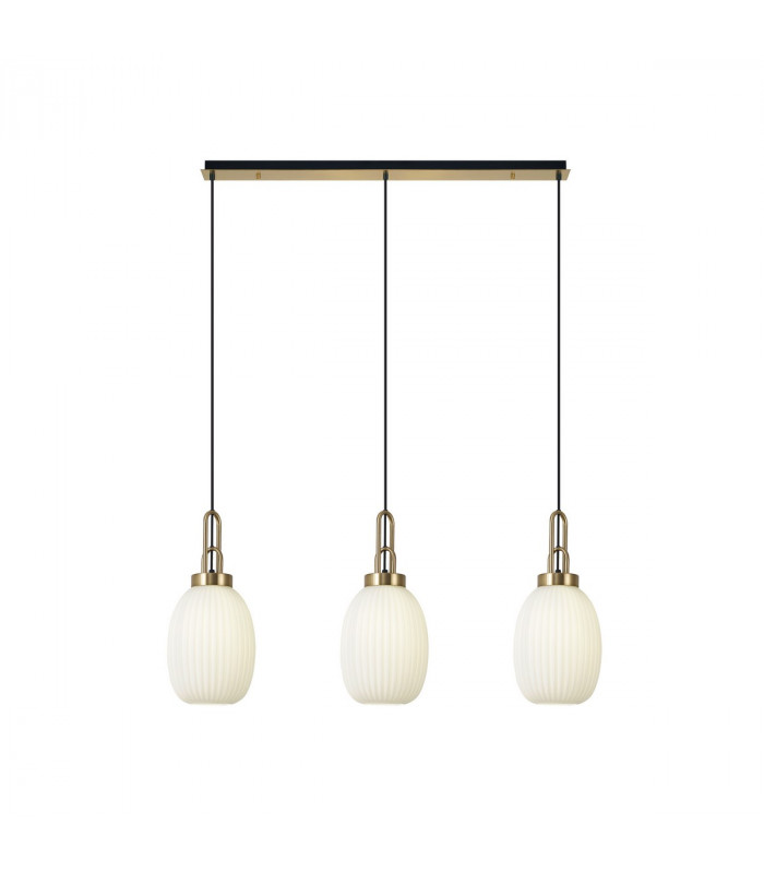 Yorktown Linear 3 Light Ceiling Pendant E27 With 20cm Almond Ribbed Glass Opal Brass Gold Matt Black-1