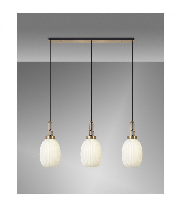 Yorktown Linear 3 Light Ceiling Pendant E27 With 20cm Almond Ribbed Glass Opal Brass Gold Matt Black-3