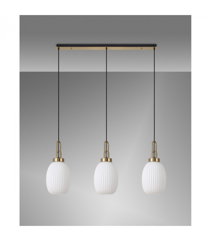 Yorktown Linear 3 Light Ceiling Pendant E27 With 20cm Almond Ribbed Glass Opal Brass Gold Matt Black-10