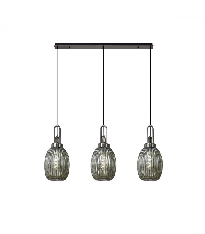 Yorktown Linear 3 Light Ceiling Pendant With 20cm Almond Ribbed Glass Black Chrome Matt Black Smoked-1