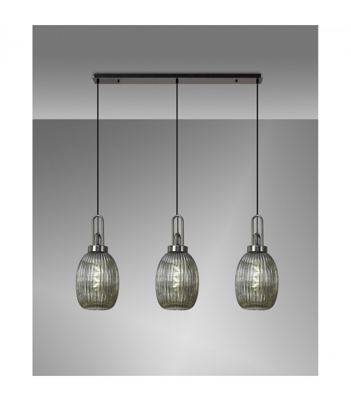 Yorktown Linear 3 Light Ceiling Pendant With 20cm Almond Ribbed Glass Black Chrome Matt Black Smoked-3