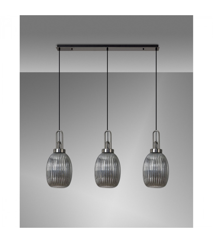 Yorktown Linear 3 Light Ceiling Pendant With 20cm Almond Ribbed Glass Black Chrome Matt Black Smoked-10