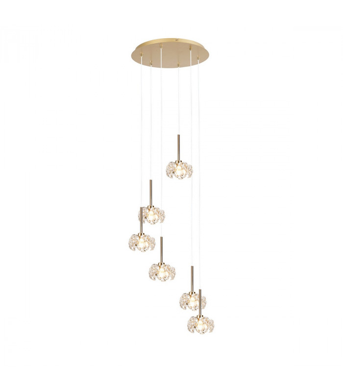 Salisbury 6 Light G9 2.5m Round Multiple Ceiling Pendant With French Gold And Crystal Shade-1