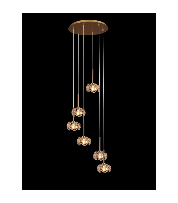 Salisbury 6 Light G9 2.5m Round Multiple Ceiling Pendant With French Gold And Crystal Shade-3