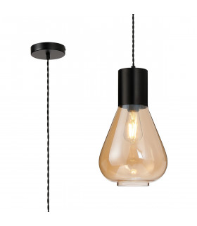 Corinth Narrow Ceiling Pendant E27 Satin Black Amber Glass-1