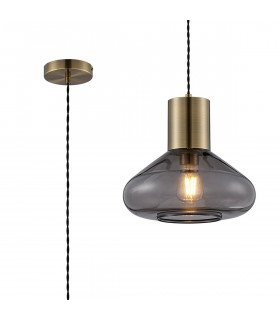 Corinth Wide Ceiling Pendant E27 Antique Brass Inky Black Glass-1
