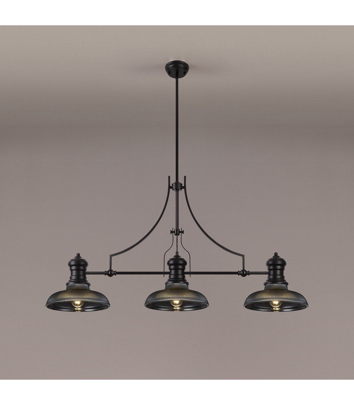 Worcester 3 Light Linear Ceiling Pendant E27 With 30cm Round Glass Shade Matt Black Smoked-3