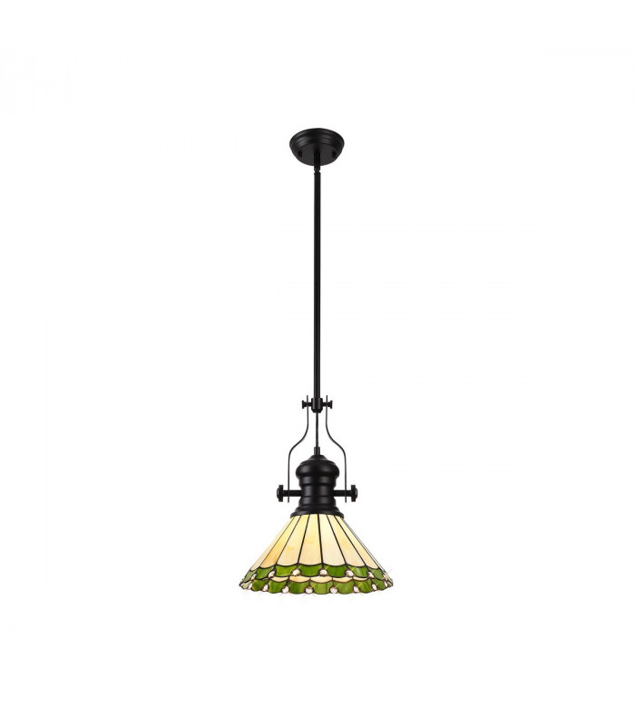 Worcester Ceiling Pendant E27 With 30cm Tiffany Shade Matt Black Green Cream Crystal-1