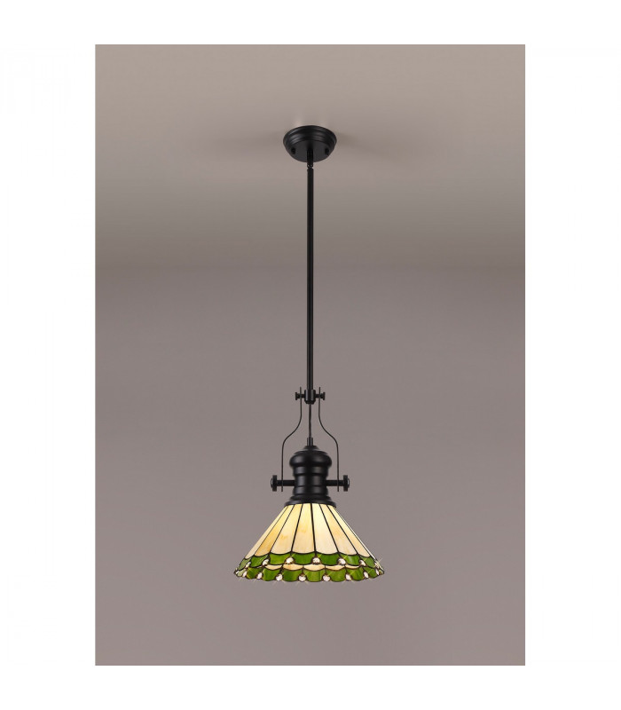 Worcester Ceiling Pendant E27 With 30cm Tiffany Shade Matt Black Green Cream Crystal-3