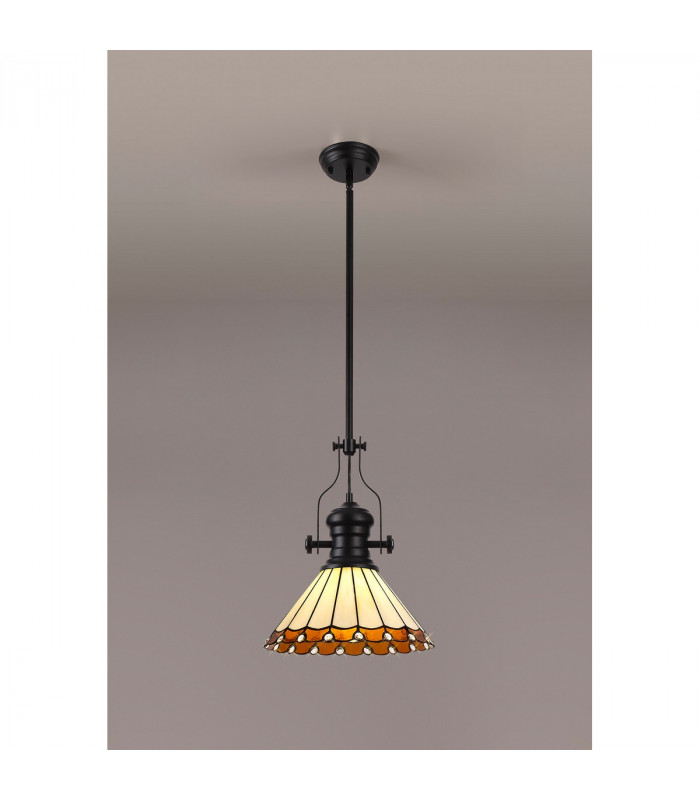 Worcester Ceiling Pendant E27 With 30cm Tiffany Shade Matt Black Amber Cream Crystal-3