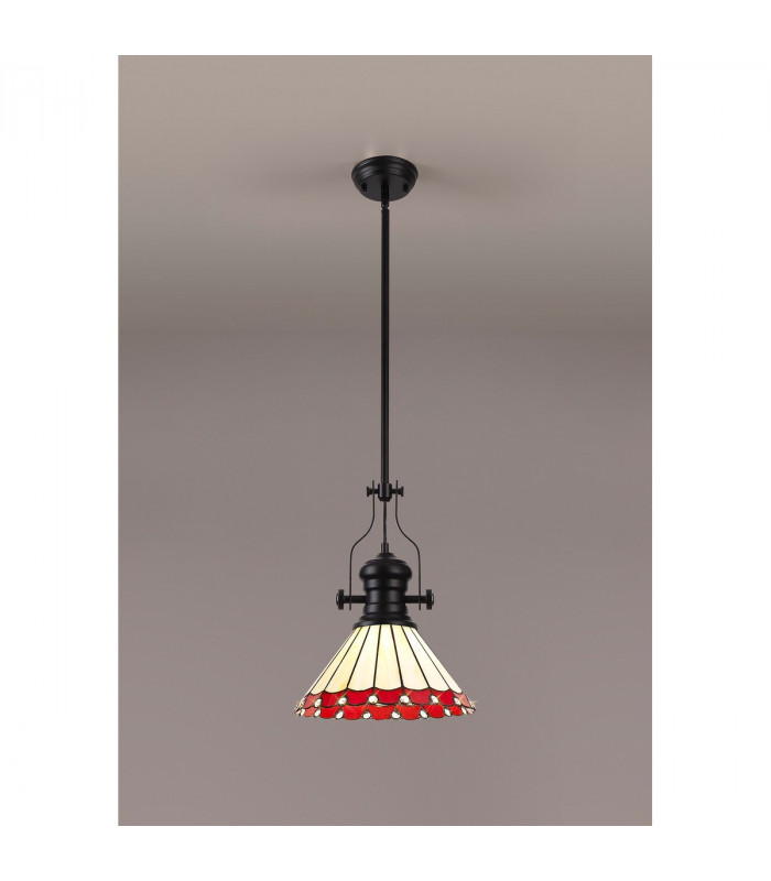 Worcester Ceiling Pendant E27 With 30cm Tiffany Shade Matt Black Red Cream Crystal-3