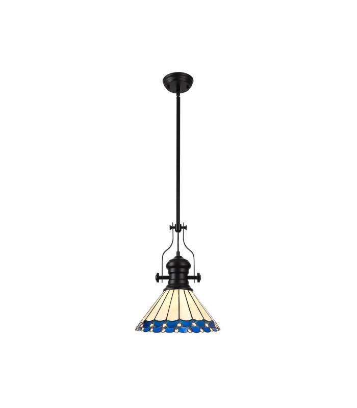 Worcester Ceiling Pendant E27 With 30cm Tiffany Shade Matt Black Blue Cream Crystal-1