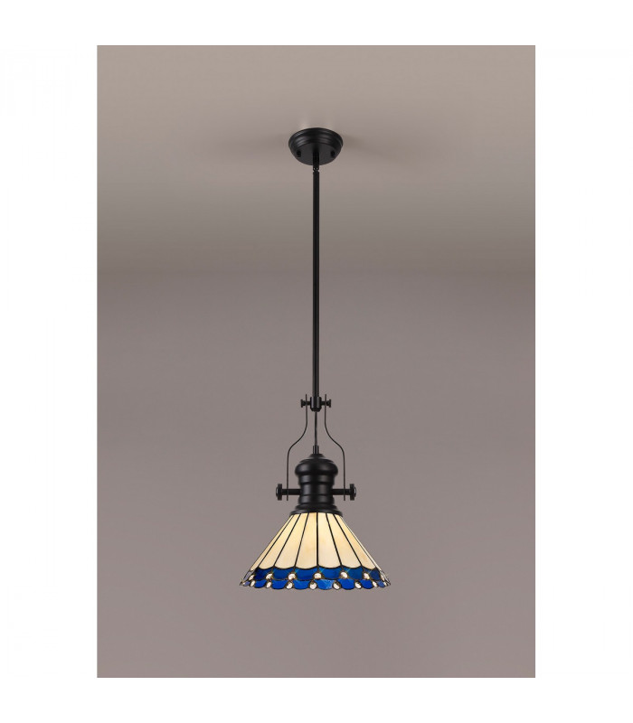 Worcester Ceiling Pendant E27 With 30cm Tiffany Shade Matt Black Blue Cream Crystal-3