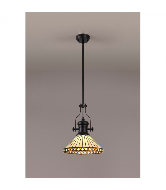 Worcester Ceiling Pendant E27 With 30cm Tiffany Shade Matt Black Amber Cream Crystal-3