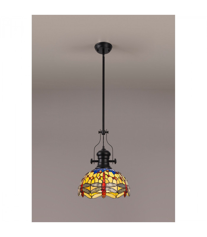 Worcester Ceiling Pendant E27 With 30cm Tiffany Shade Matt Black Blue Orange Crystal-3