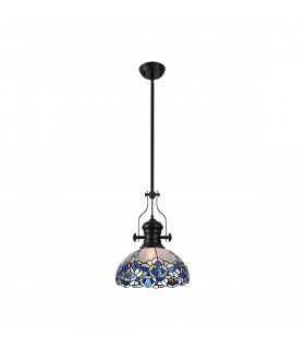 Worcester Ceiling Pendant E27 With 30cm Tiffany Shade Matt Black Blue Clear Crystal-1
