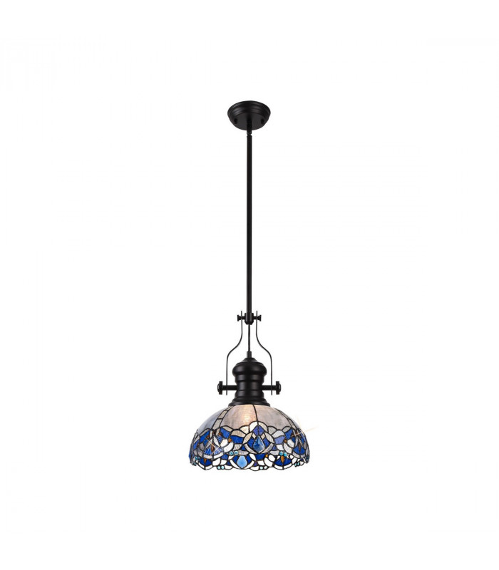 Worcester Ceiling Pendant E27 With 30cm Tiffany Shade Matt Black Blue Clear Crystal-1